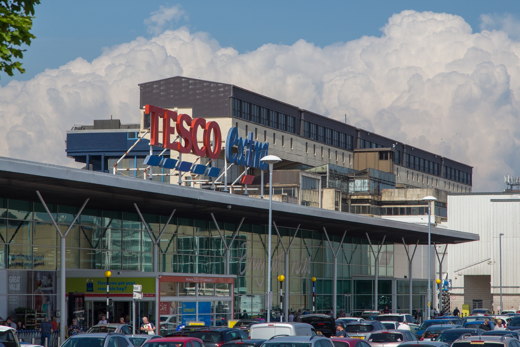 Tesco Extra storefront in Cumbernauld, photographed in 2018 by Tom Parnell